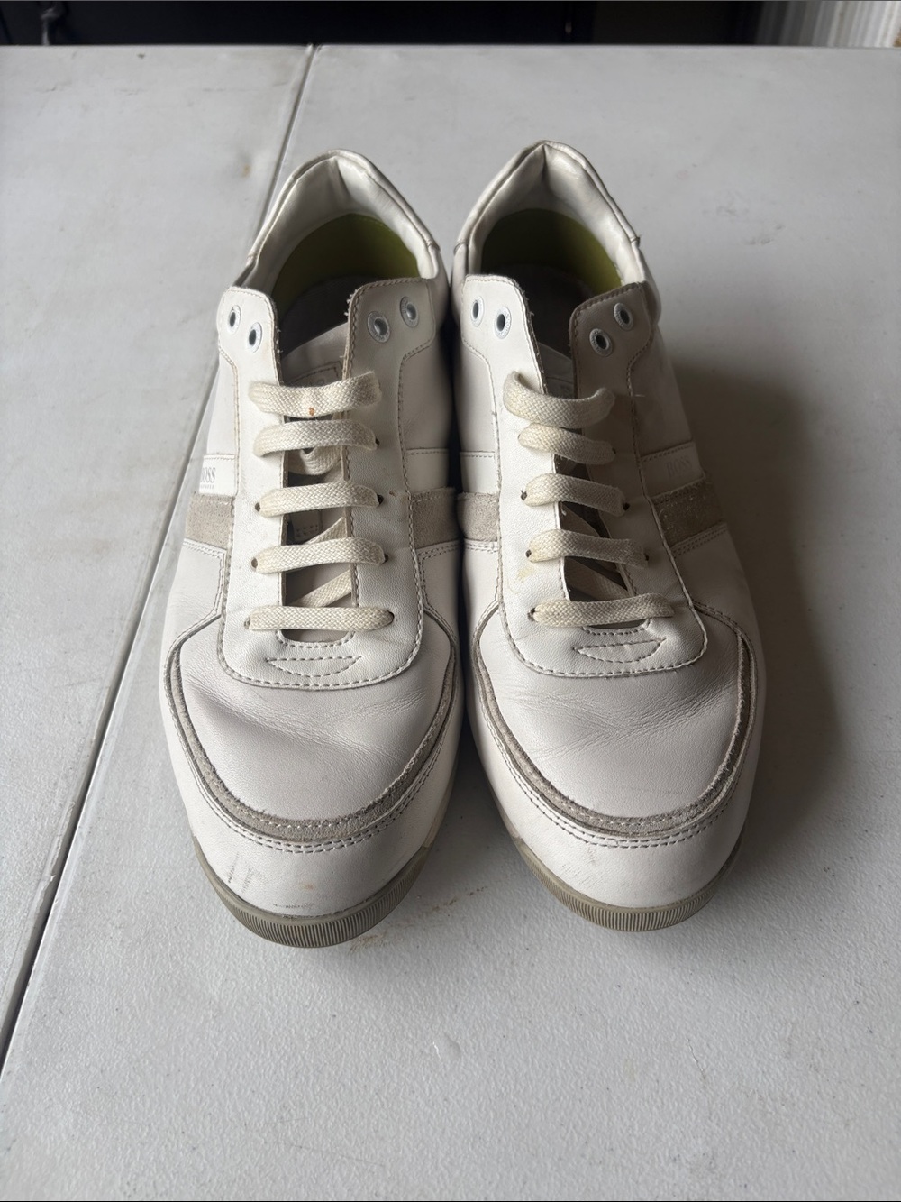 Hugo Boss Men's White Leather Sneakers with Cream Accents